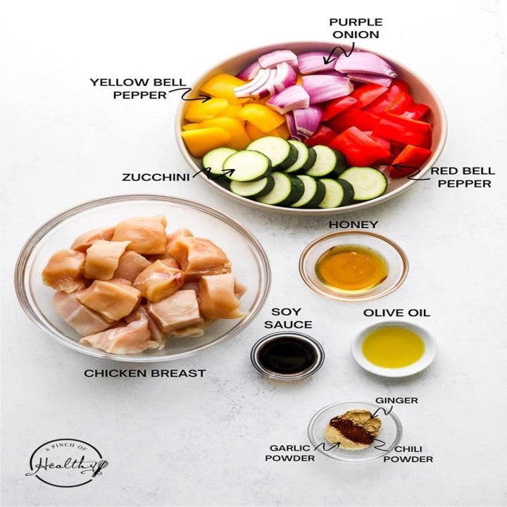 Ingredients for chicken and vegetable skewers.