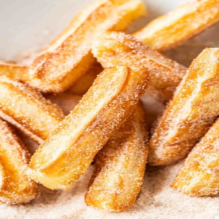 The final product out of the air fryer: "fried" churros with cinnamon sugar on top.