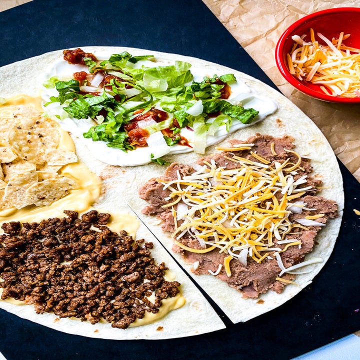 Ingredients on the four quadrants of a tortilla.
