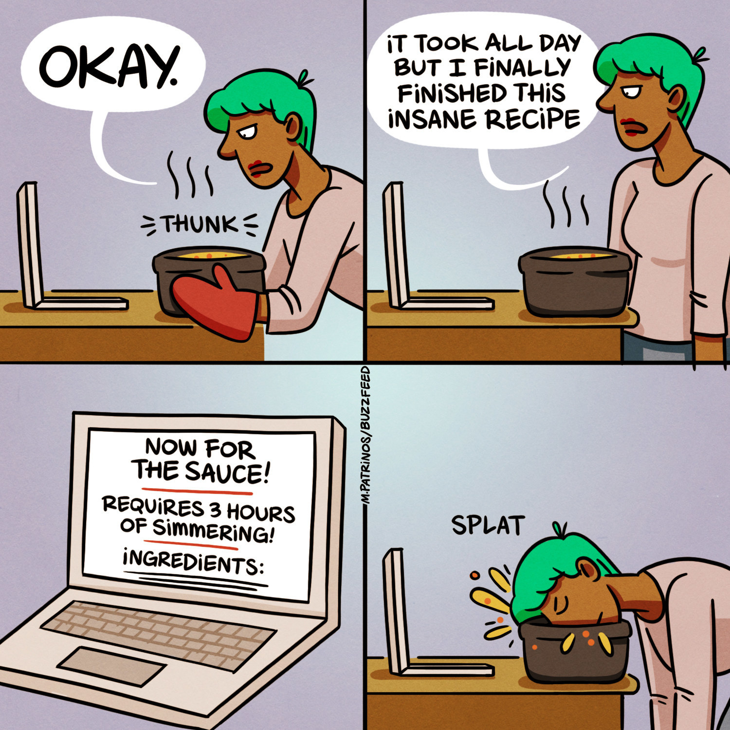 Cartoon that shows someone who didn't read the whole recipe before cooking.